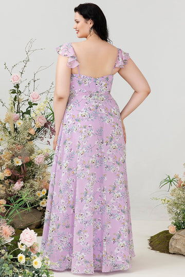 Fioletowy Kwiatowy Nadruk Plus Size Sukienka Dla Druhen